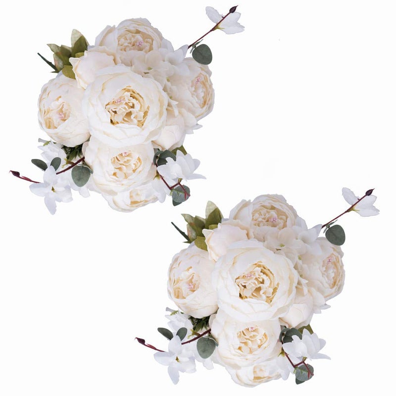 Fule 2 Pack Large Artificial Peony Silk Flower Bouquets Arrangement Wedding Centerpieces (Cream White) - Image 1